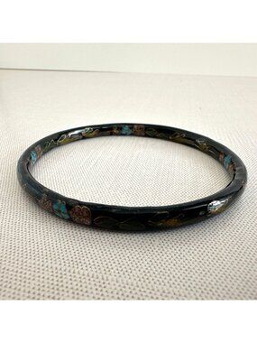 Vintage Chinese Cloisonne Bangle Black Floral Enamel Interior Exterior 9"